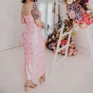 Stasia Sequin Midi Dress LoveShackFancy Pink Vintage Style Floral